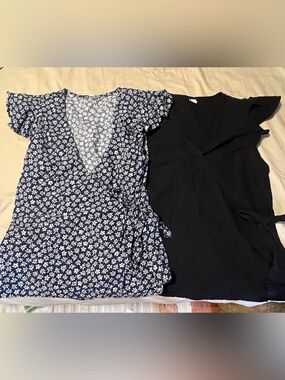 Old Navy Navy Floral Wrap Top and Black Wrap Blouse Duo